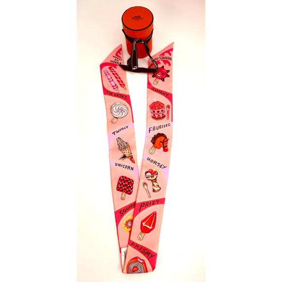 Hermes Funny Ice Cream Twilly Scarf with Box Cream Beige Pink - Picture 3 of 3